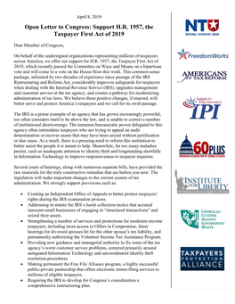 Open Letter to Congress: Support H.R. 1957, the Taxpayer First Act of 2019