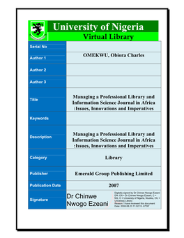Managing a Professional Library and Information Science Journal in Africa: Issues, Innovations and Imperatives