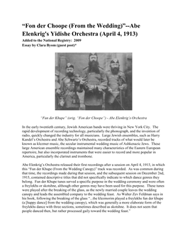 Fon Der Choope (From the Wedding)”--Abe Elenkrig's Yidishe Orchestra (April 4, 1913) Added to the National Registry: 2009 Essay by Clara Byom (Guest Post)*