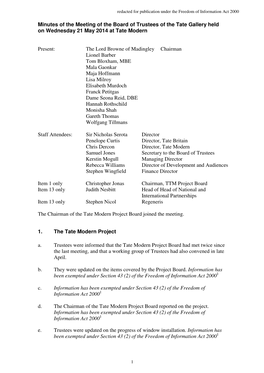 Minutes of the Meeting of the Board of Trustees of the Tate Gallery Held on Wednesday 21 May 2014 at Tate Modern