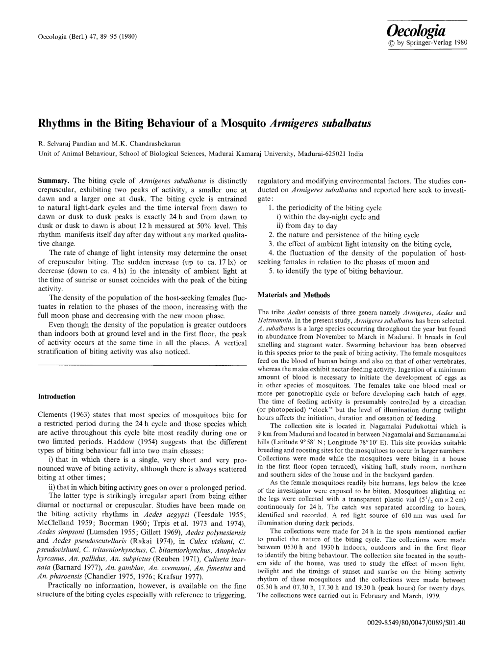 Rhythms in the Biting Behaviour of a Mosquito &lt;Emphasis Type="Italic