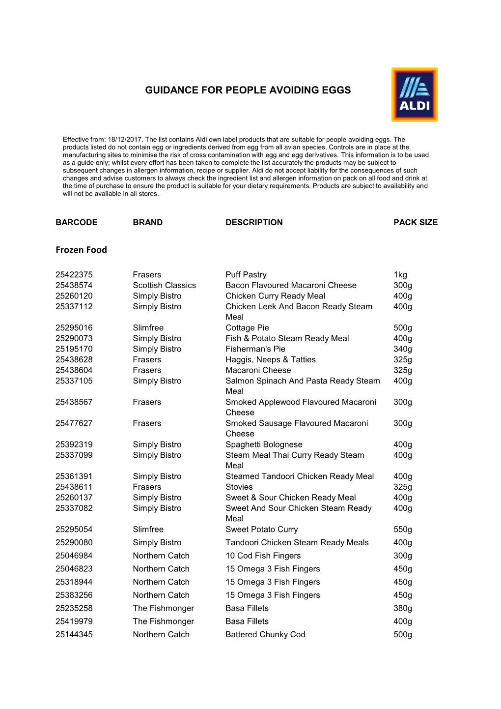 Frozen Food GUIDANCE for PEOPLE AVOIDING EGGS