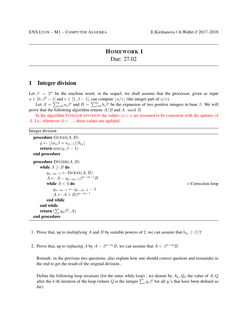 Due: 27.02 1 Integer Division