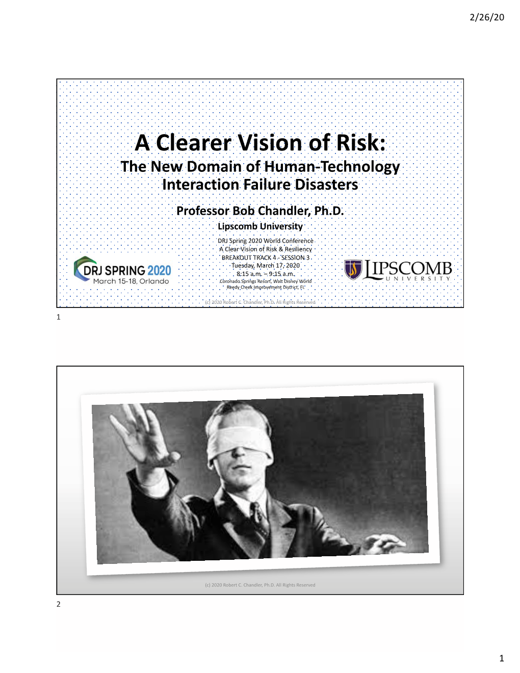 A Clearer Vision of Risk: the New Domain of Human-Technology Interaction Failure Disasters Professor Bob Chandler, Ph.D