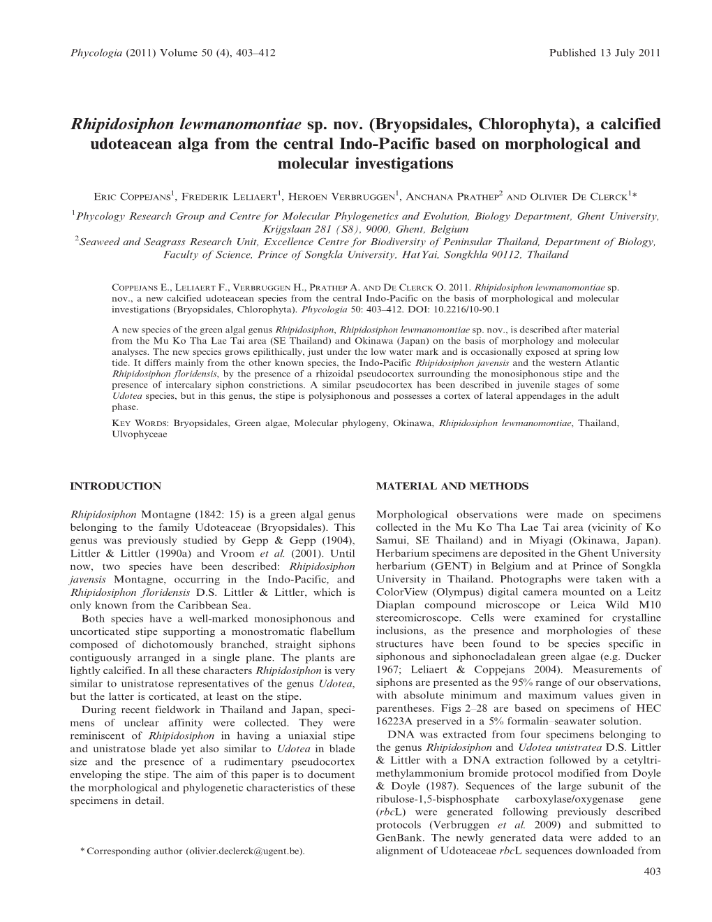 Rhipidosiphon Lewmanomontiae Sp. Nov. (Bryopsidales, Chlorophyta), A