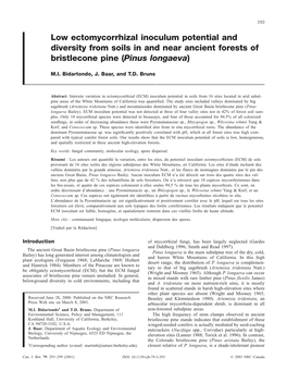 Low Ectomycorrhizal Inoculum Potential and Diversity from Soils in and Near Ancient Forests of Bristlecone Pine (Pinus Longaeva)