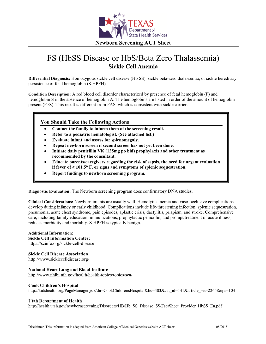 FS (Hbss Disease Or Hbs/Beta Zero Thalassemia) Act & Fact Sheet DocsLib