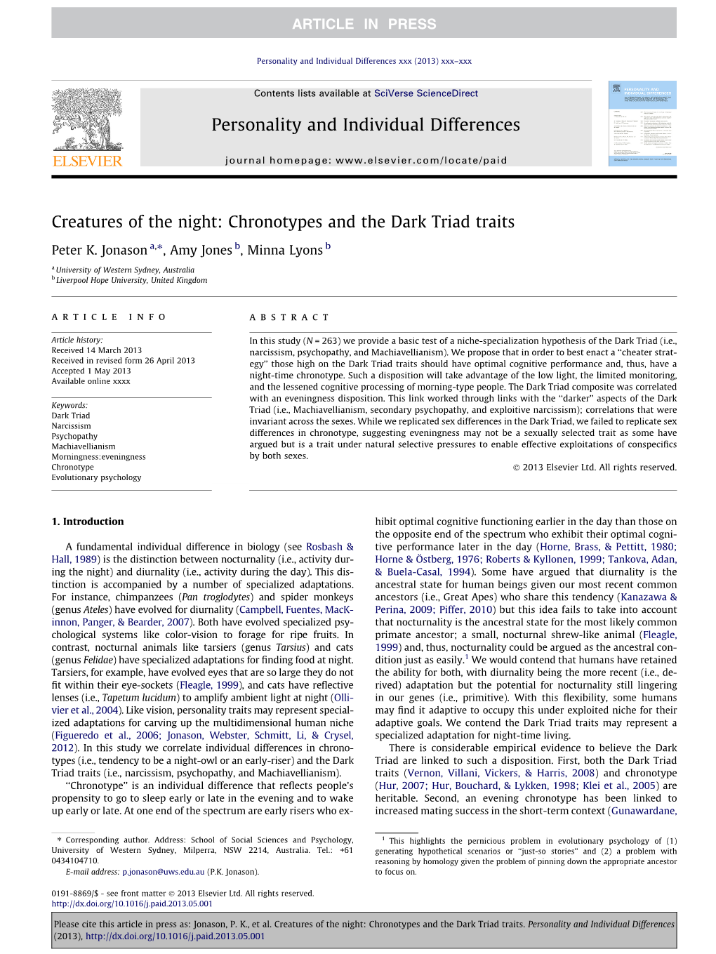 Chronotypes and the Dark Triad Traits