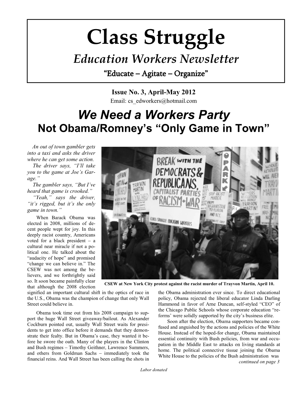 Class Struggle Education Workers Newsletter