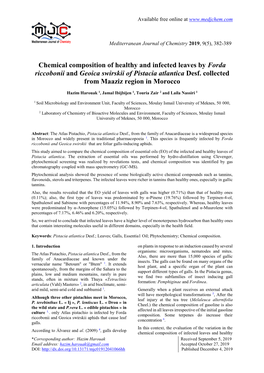 Chemical Composition of Healthy and Infected Leaves by Forda Riccobonii and Geoica Swirskii of Pistacia Atlantica Desf