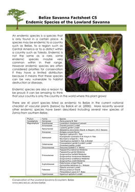 Belize Savanna Factsheet C5 Endemic Species of the Lowland