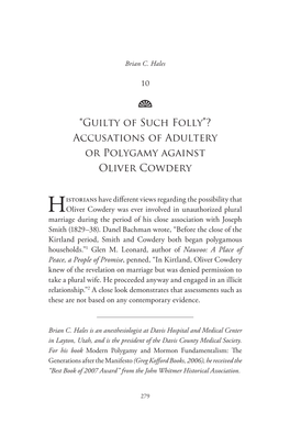 “Guilty of Such Folly”? Accusations of Adultery Or Polygamy Against Oliver Cowdery
