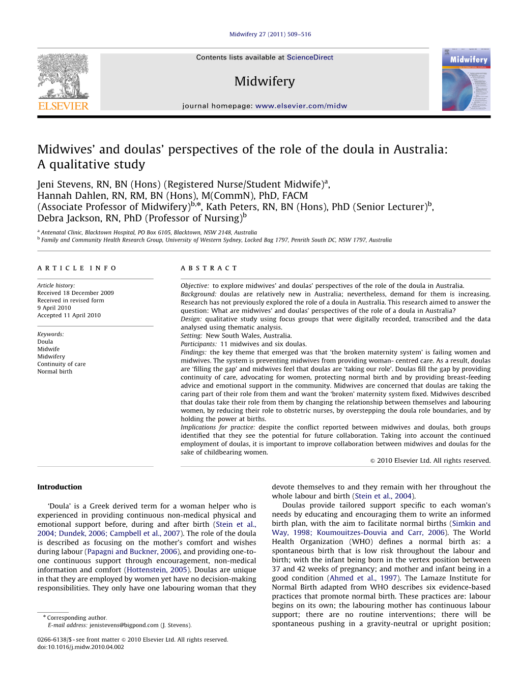 Midwives' and Doulas' Perspectives of the Role of the Doula in Australia a Qualitative Study