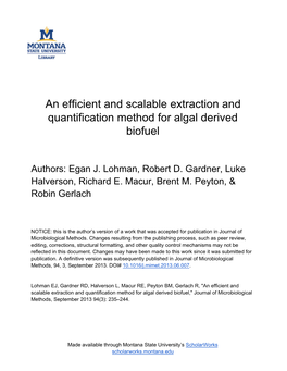 An Efficient and Scalable Extraction and Quantification Method for Algal Derived Biofuel