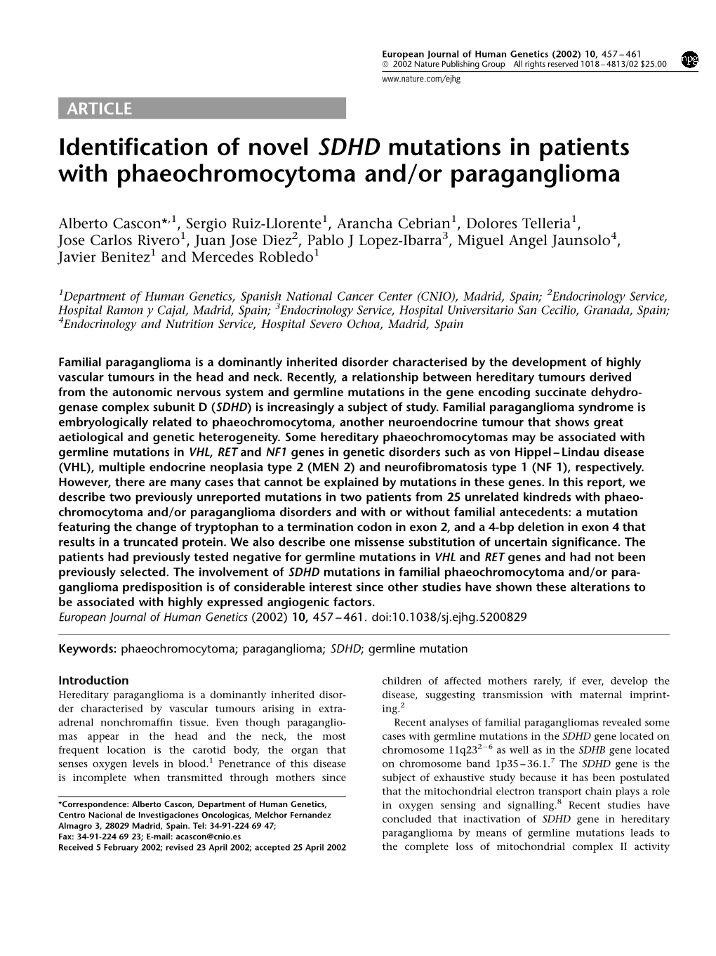 Identification of Novel SDHD Mutations in Patients With