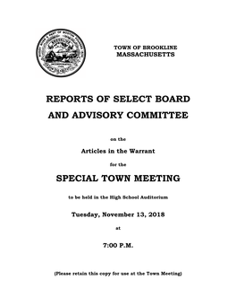 Reports of Select Board and Advisory Committee Special