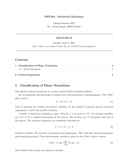 Contents 1 Classification of Phase Transitions