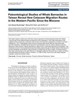 Paleontological Studies of Whale Barnacles in Taiwan Reveal New Cetacean Migration Routes in the Western Pacific Since the Miocene