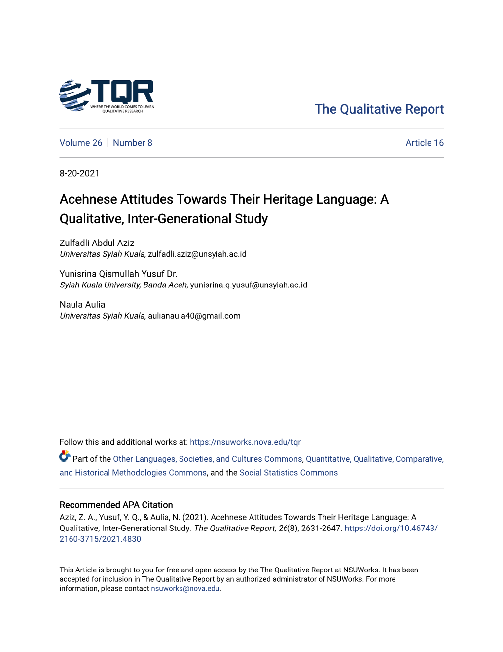 Acehnese Attitudes Towards Their Heritage Language: a Qualitative, Inter-Generational Study