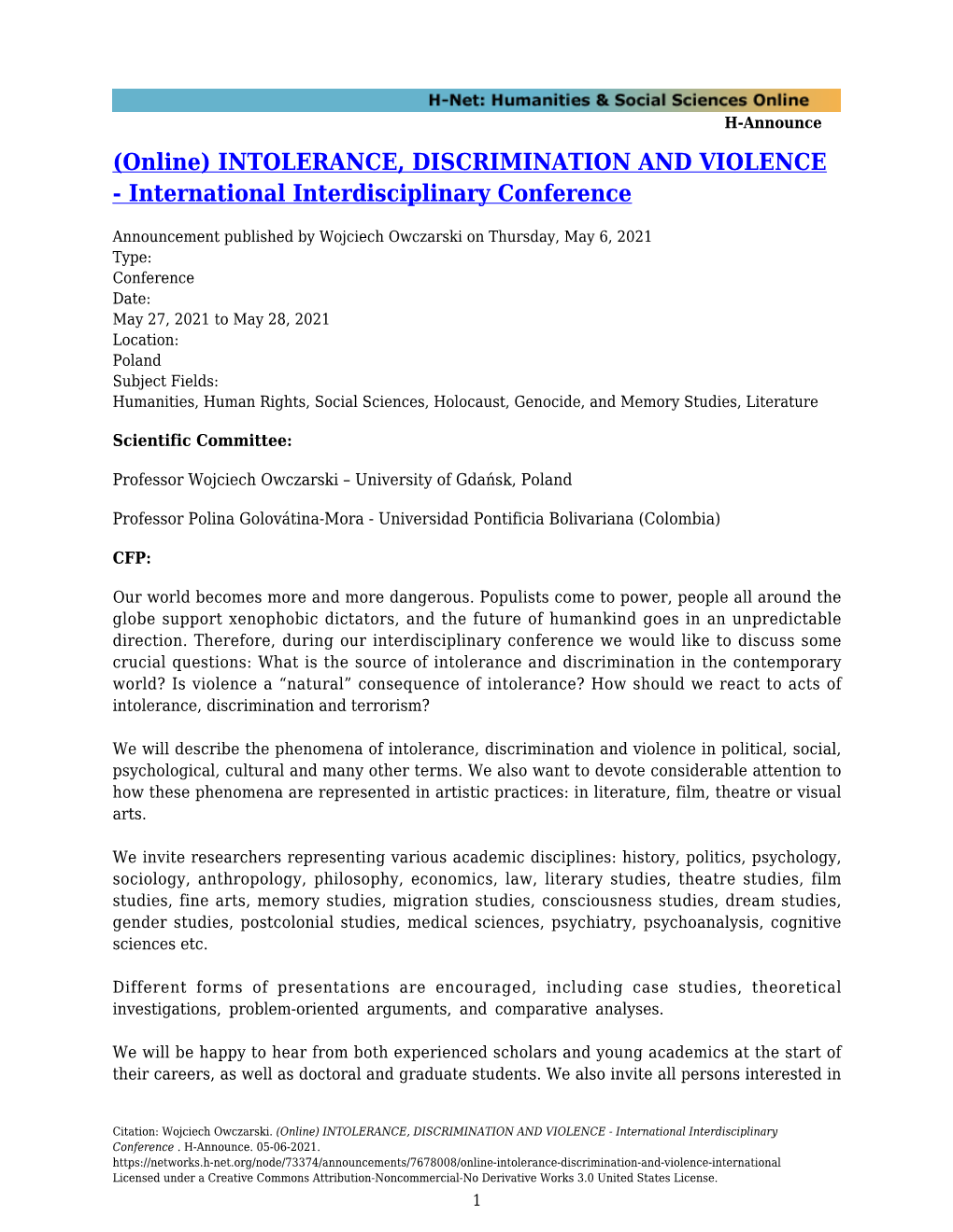 INTOLERANCE, DISCRIMINATION and VIOLENCE - International Interdisciplinary Conference