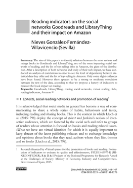 Reading Indicators on the Social Networks Goodreads and Librarything and Their Impact on Amazon Nieves González-Fernández- Villavicencio (Sevilla)