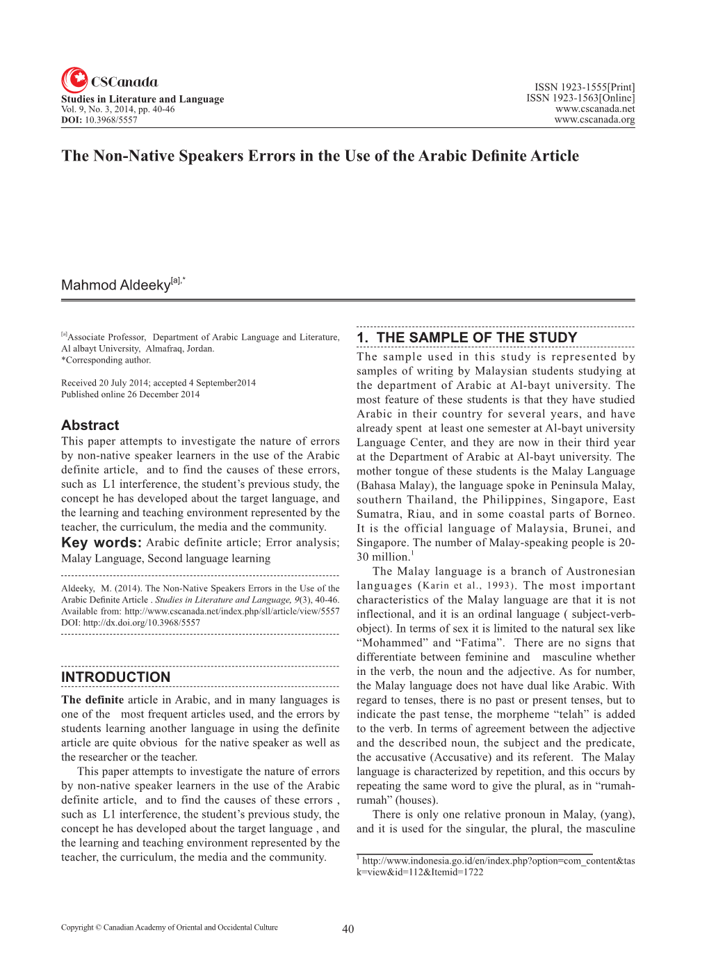 The Non-Native Speakers Errors in the Use of the Arabic Definite Article