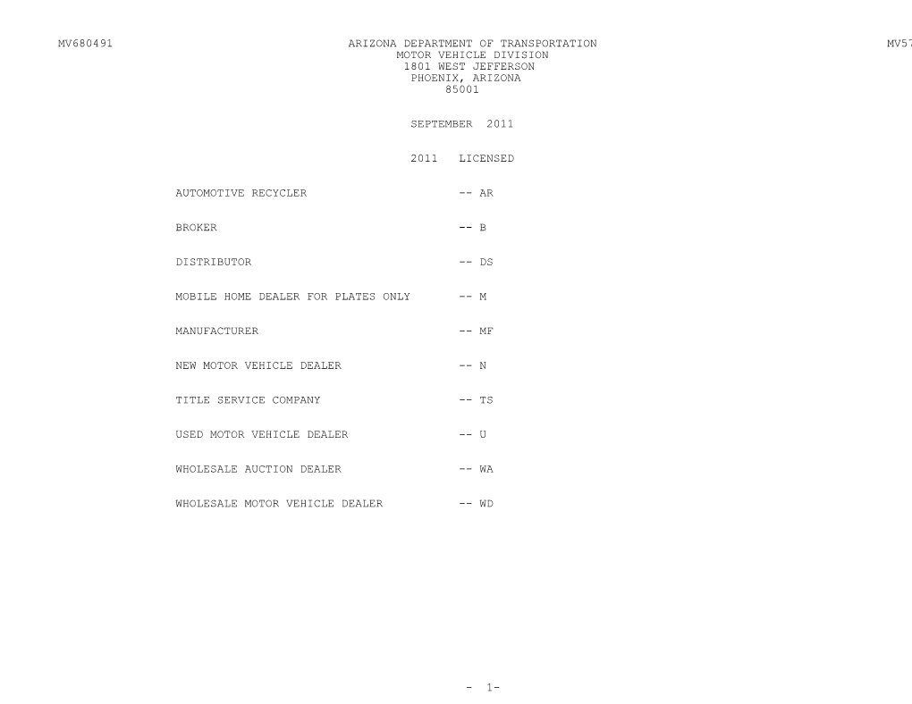 Mv680491 Arizona Department of Transportation Mv579d Motor Vehicle Division 1801 West Jefferson Phoenix, Arizona 85001