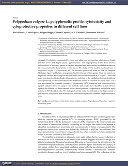 Polypodium Vulgare L.: Polyphenolic Profile, Cytotoxicity and Cytoprotective Properties in Different Cell Lines