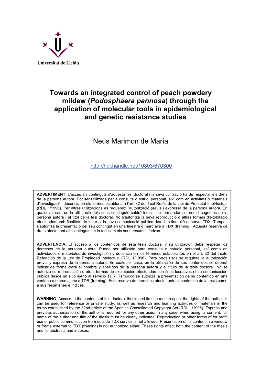 Towards an Integrated Control of Peach Powdery Mildew