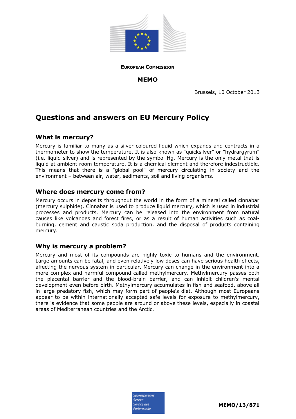 Questions and Answers on EU Mercury Policy