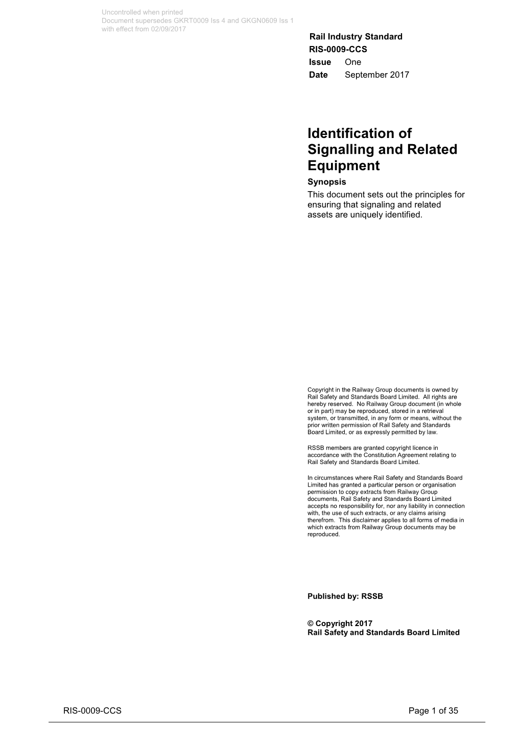 RIS-0009-CCS. Identification of Signalling and Related Equipment