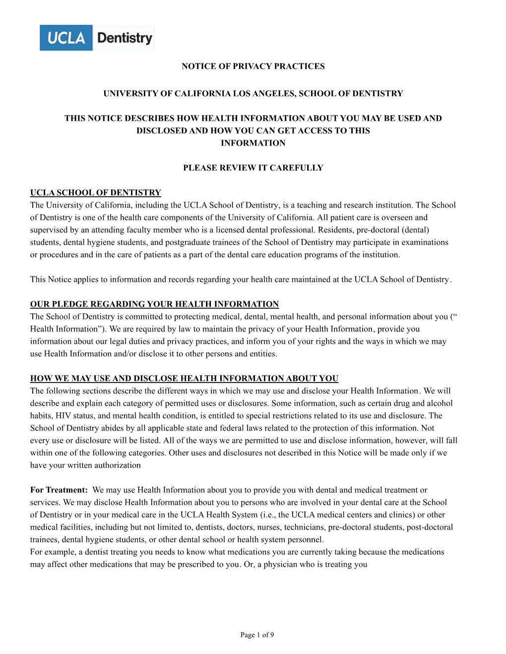 Notice of Privacy Practices University of California Los