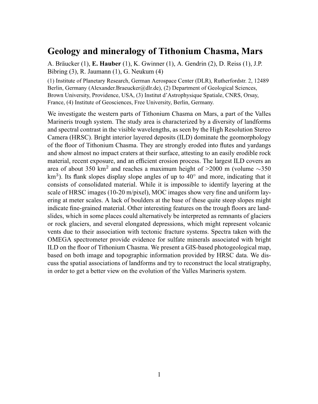 Geology and Mineralogy of Tithonium Chasma, Mars A