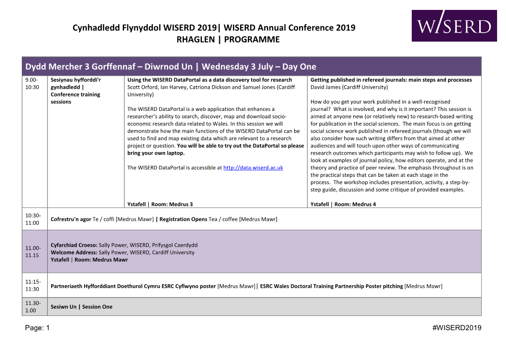 WISERD Annual Conference 2019 RHAGLEN | PROGRAMME