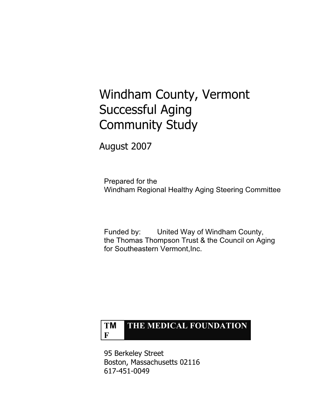 Windham County, Vermont Successful Aging Community Study