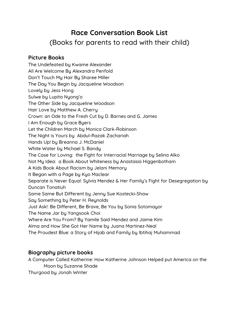 Race Conversation Book List (Books for Parents to Read with Their Child)