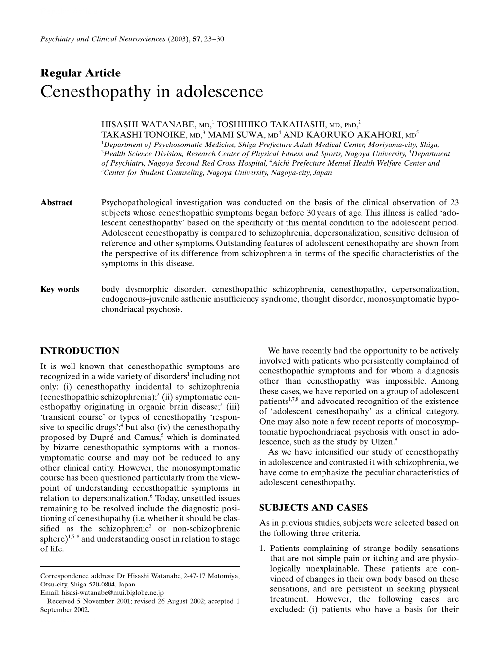 Cenesthopathy in Adolescence H