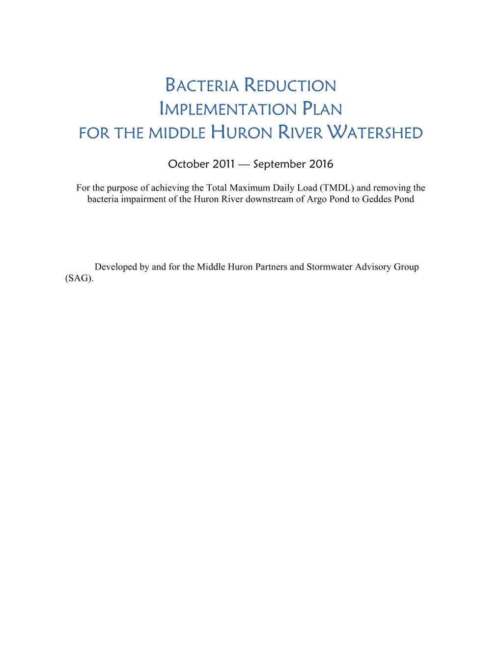 Bacteria Reduction Implementation Plan for the Middle Huron River Watershed