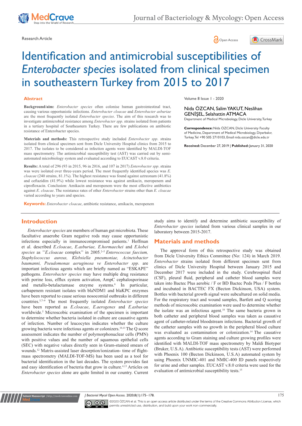 Identification and Antimicrobial Susceptibilities of Enterobacter Species Isolated from Clinical Specimen in Southeastern Turkey from 2015 to 2017