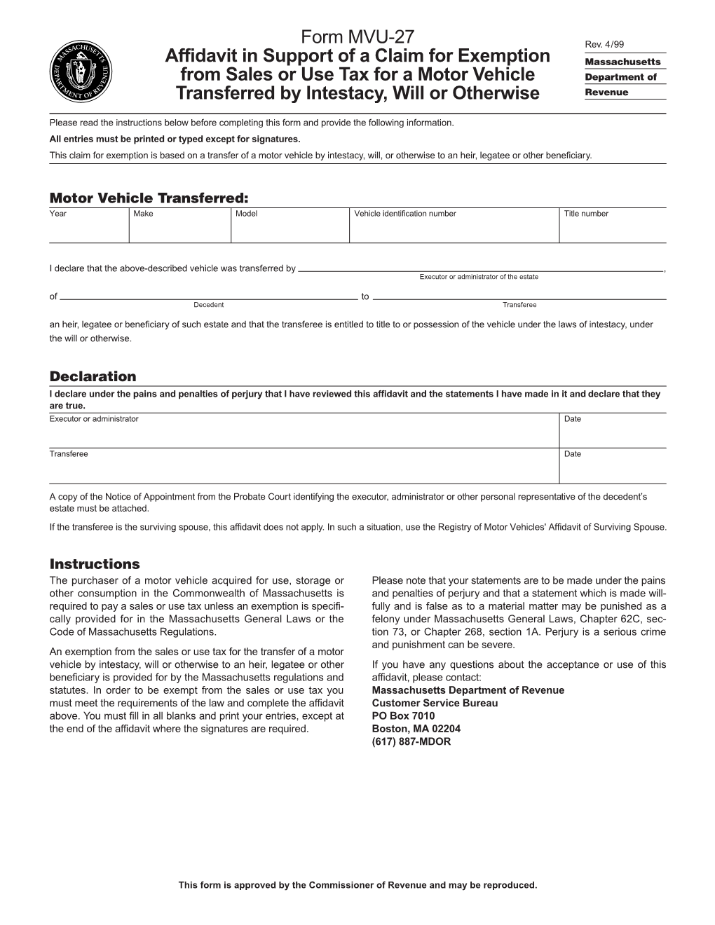 Form MVU-27 Affidavit in Support of a Claim for Exemption from Sales Or Use Tax for a Motor Vehicle Transferred by Intestacy, Will Or Otherwise