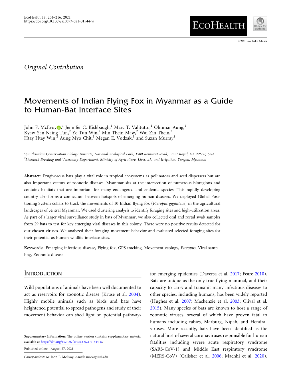 Movements of Indian Flying Fox in Myanmar As a Guide to Human-Bat Interface Sites