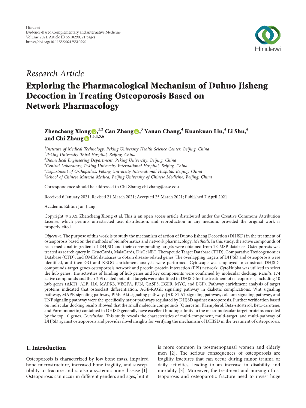 Exploring the Pharmacological Mechanism of Duhuo Jisheng Decoction in Treating Osteoporosis Based on Network Pharmacology