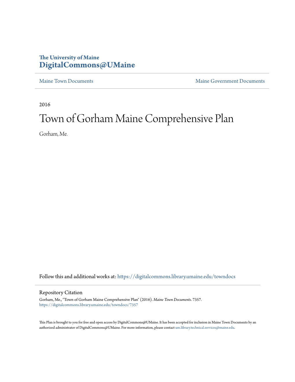 Town of Gorham Maine Comprehensive Plan Gorham, Me