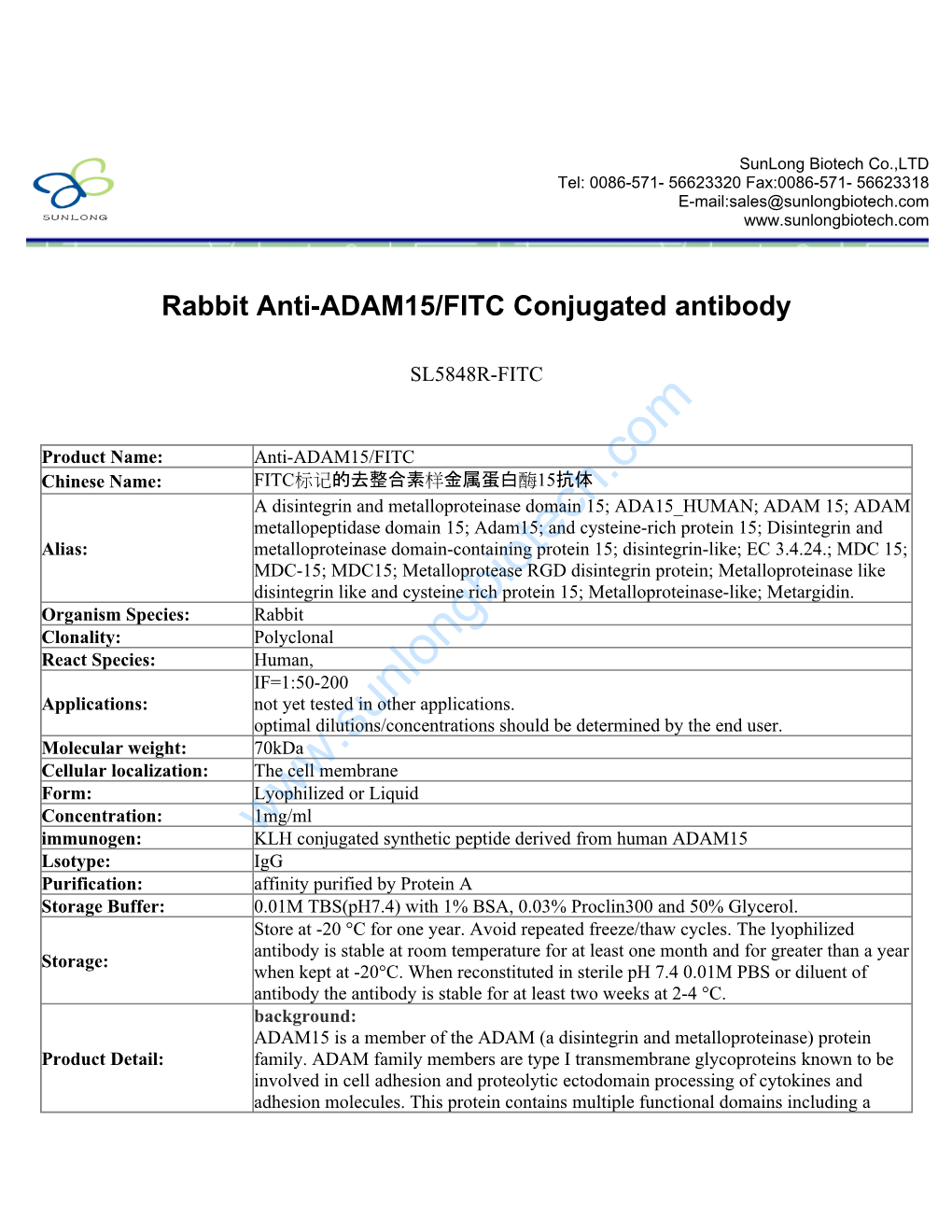 Rabbit Anti-ADAM15/FITC Conjugated Antibody-SL5848R-FITC