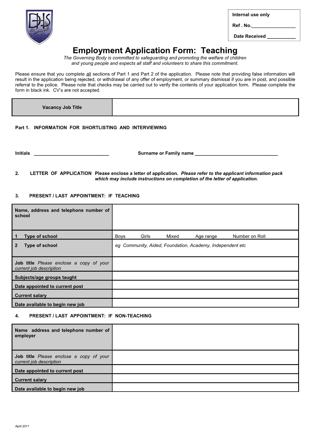 Application For Teaching Appointment