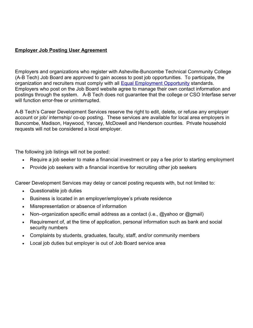 Employer Job Posting User Agreement