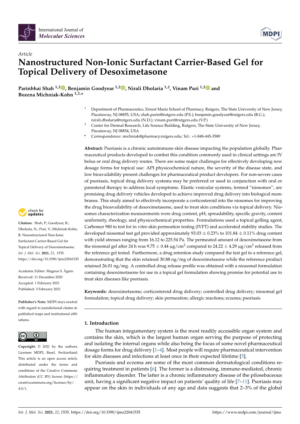 Nanostructured Non-Ionic Surfactant Carrier-Based Gel for Topical Delivery of Desoximetasone