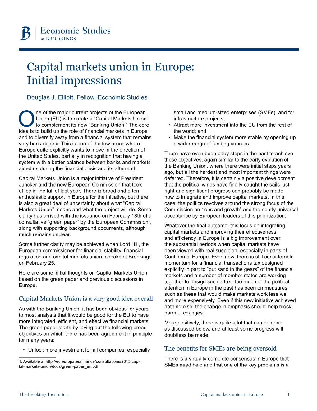 Capital Markets Union in Europe: Initial Impressions