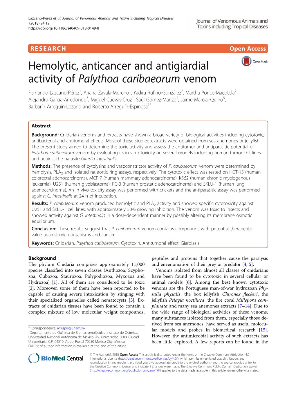 Hemolytic, Anticancer and Antigiardial Activity of Palythoa Caribaeorum Venom