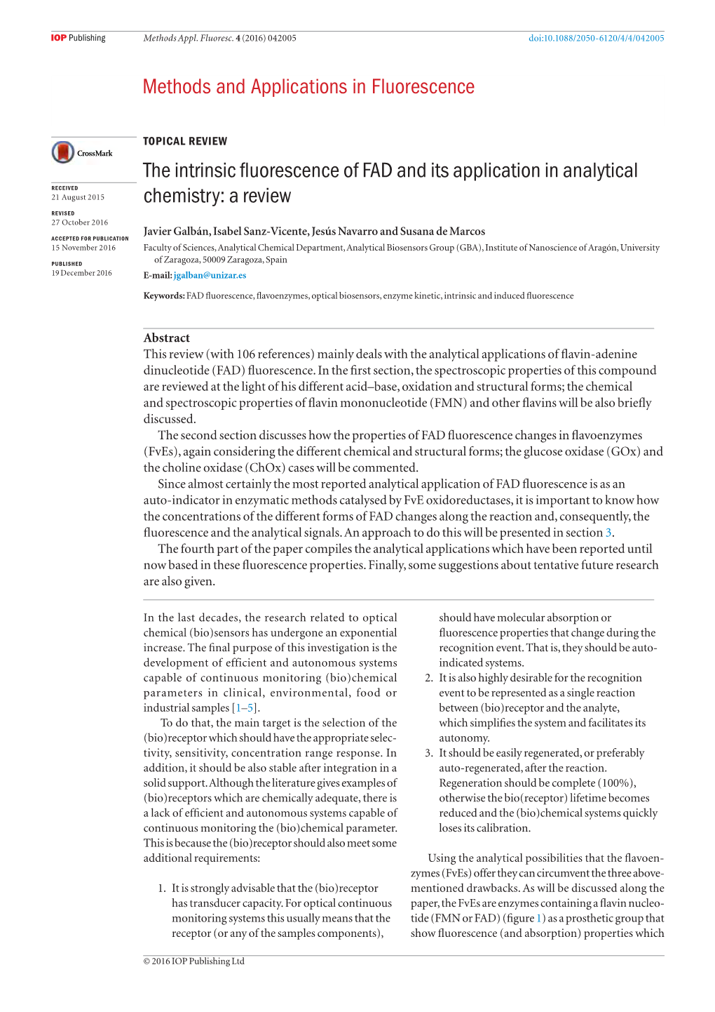 The Intrinsic Fluorescence of FAD and Its Application in Analytical Chemistry